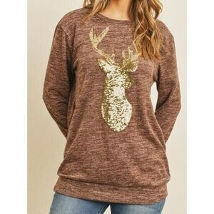 Medium Long Sleeve Mocha Brown Sweater Brushed Hacci Sequin Deer Antlers